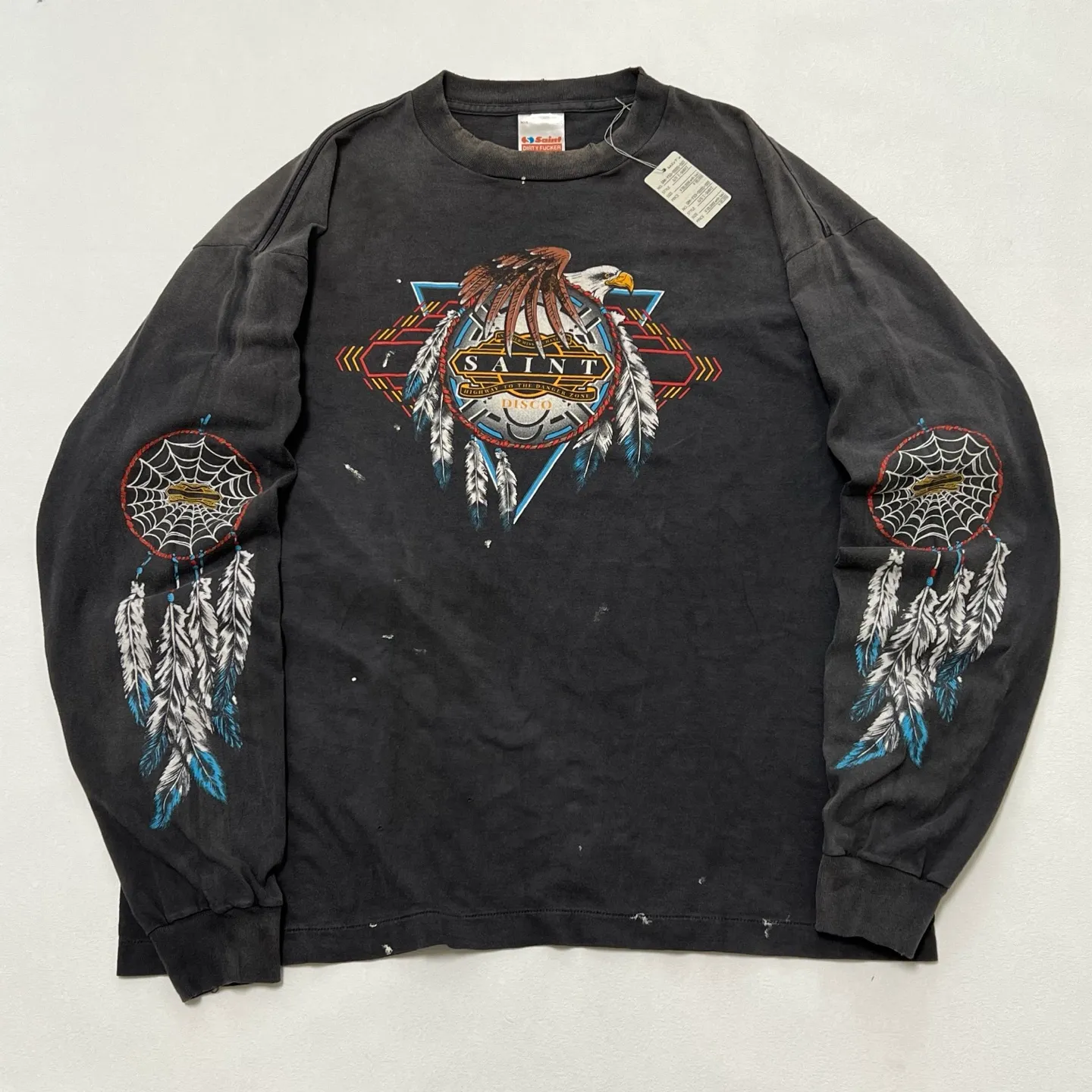 SAINT Mxxxxxx x TEFLON DISCO SAINT DISCO ML_LS TEE/BLK Eagle Feather Spider Web Distressed Long Sleeve S-XL Ready-to-wear Assute dyeing, water spray fading treatment, customized TEFLON DISCO co-branded accessories, hand-splashed ink, wormhole fraying treatment, genuine level printing process